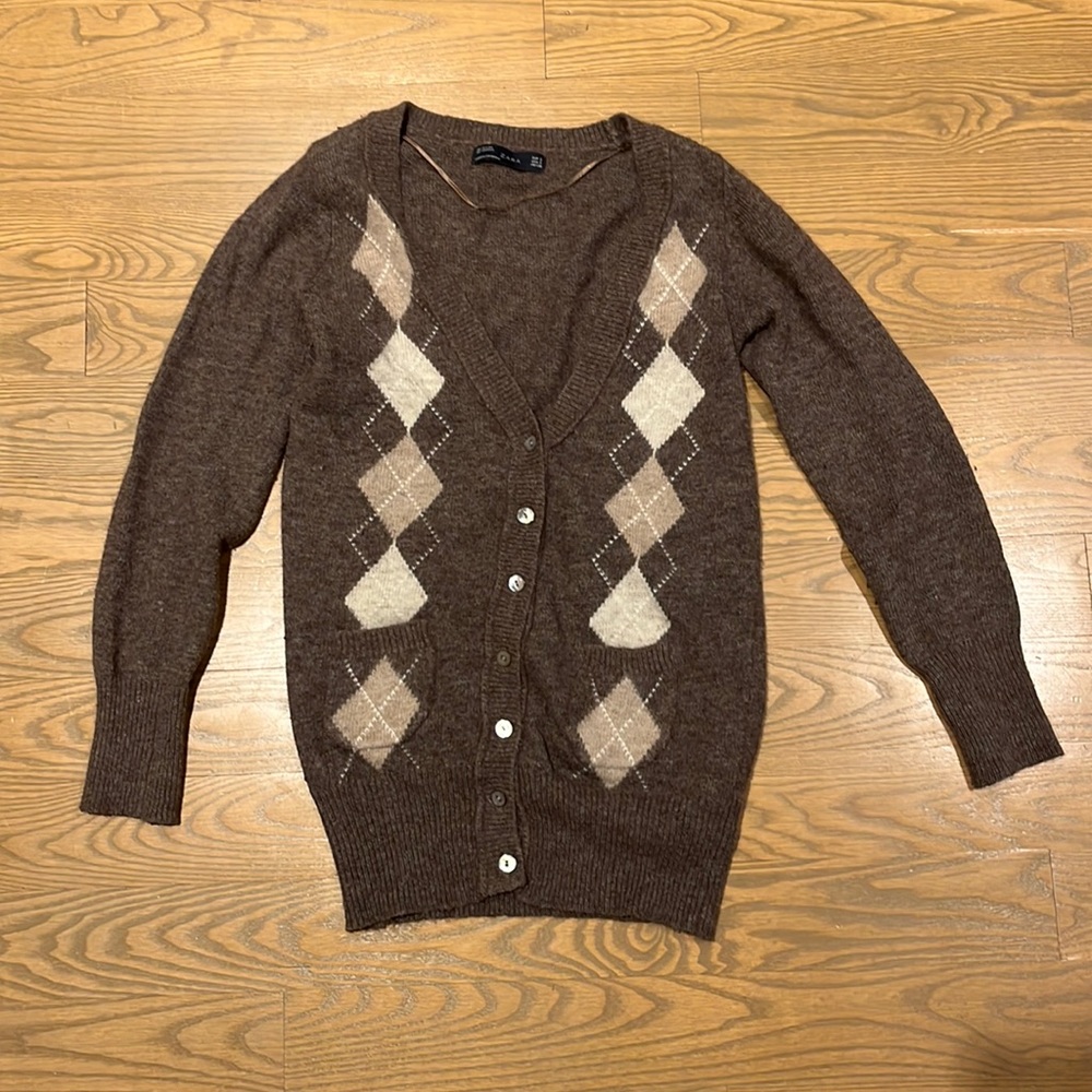 Zara Argyle Cardigan Sweater Brown Button Front V-Neck Angora Knit Small